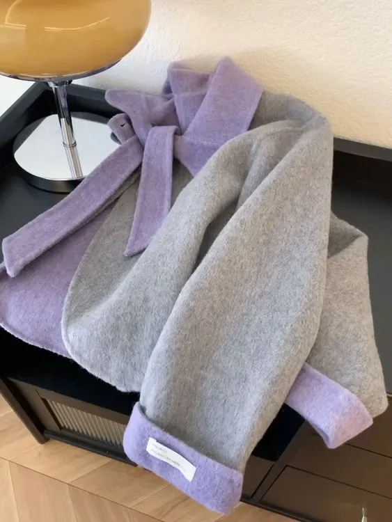 韩版复古撞色娃娃领短款外套女秋冬季新款设计感小众系带毛呢上衣