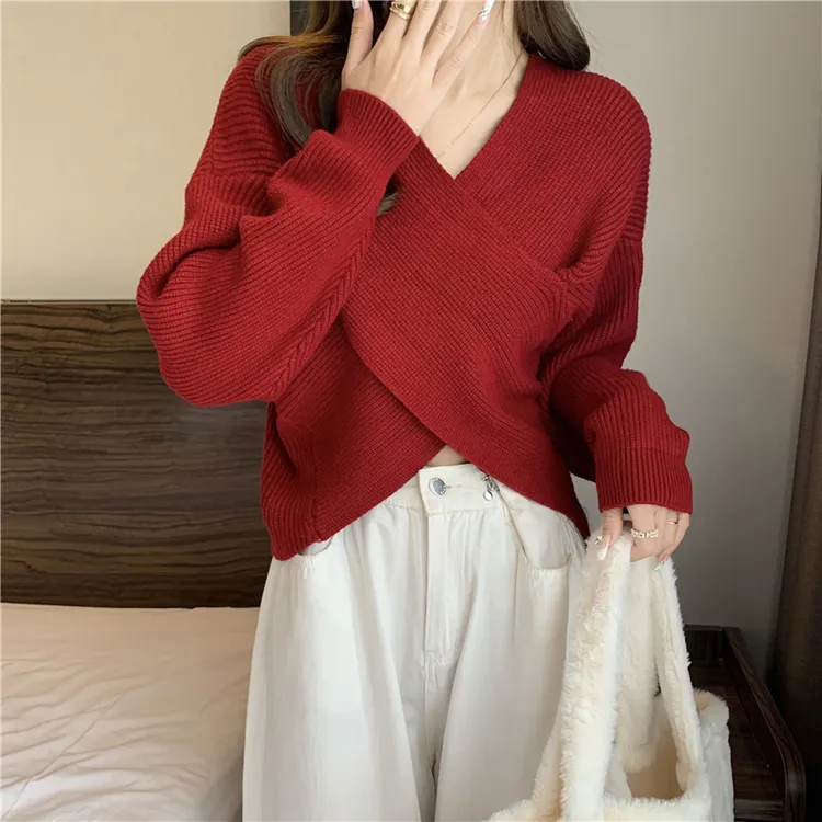 红色不规则v领毛衣针织打底衫女早冬季高级感内搭设计感小众上衣