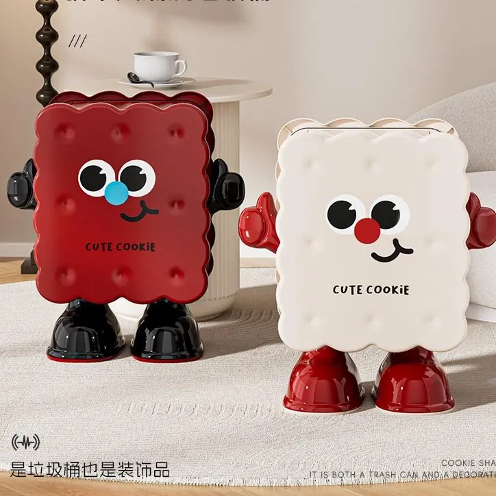 家用客厅垃圾桶卡通饼干轻奢大容量按压式可爱创意带盖带轮可移动