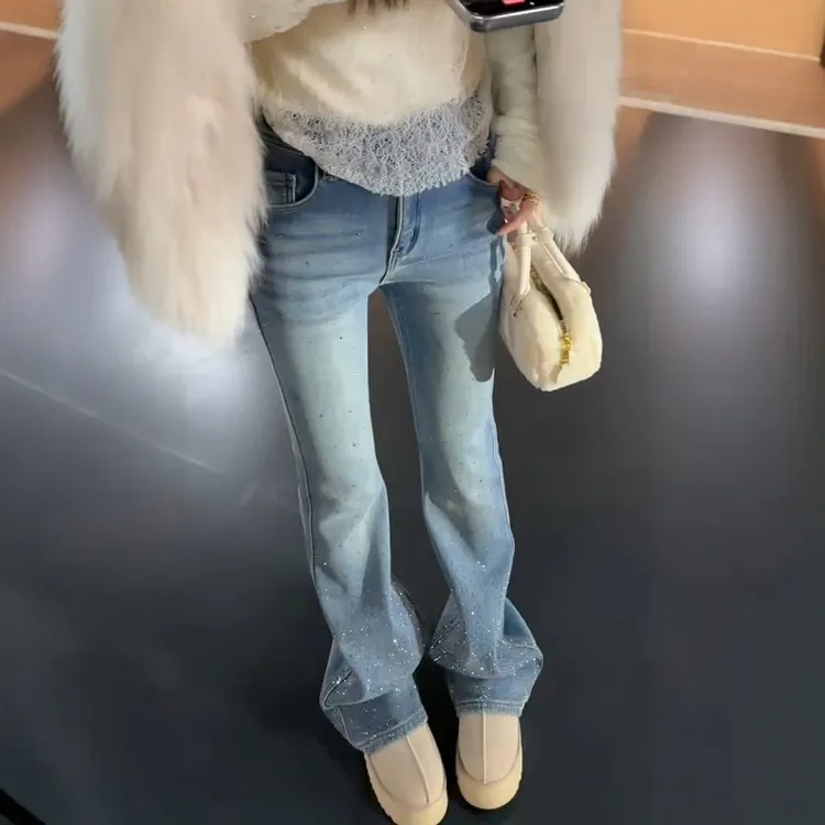 欧货品质高腰弹力烫钻气质加绒微喇裤大码女装百搭修身显瘦牛仔裤