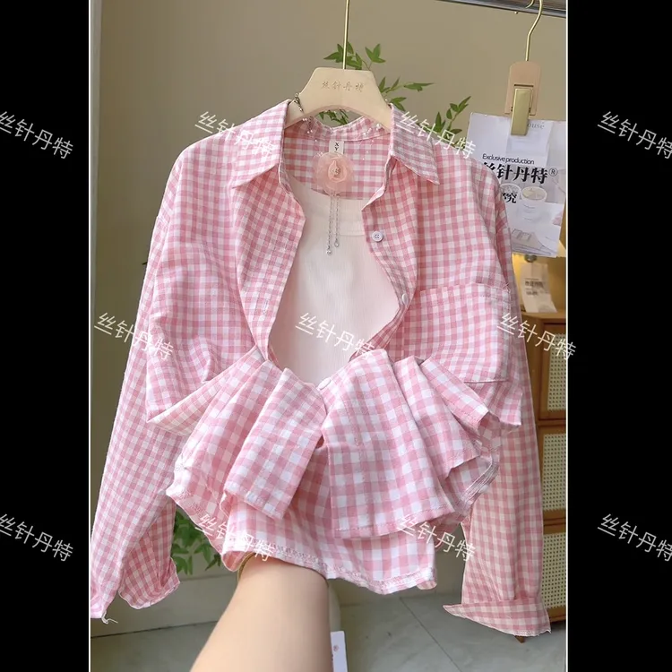 1905多巴胺格子长袖衬衫女翻领宽松春秋薄款盐系洋气衬衣外穿