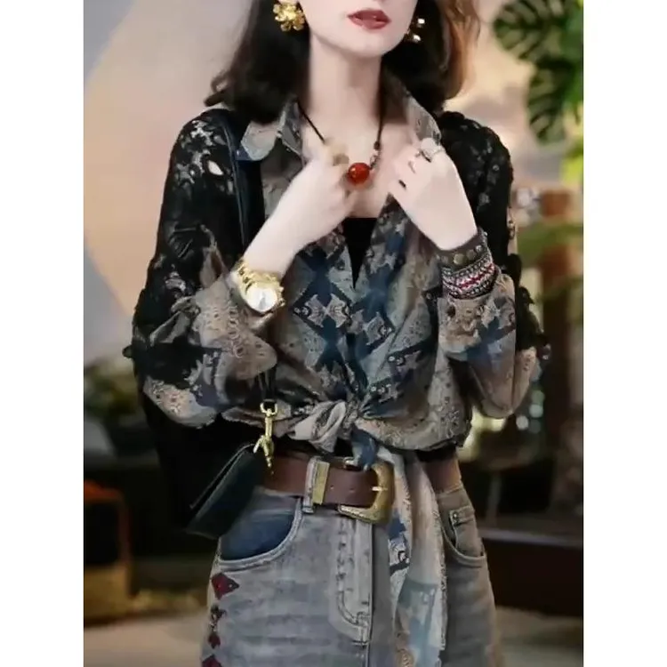 高端时尚轻奢高级感文艺复古蕾丝拼接印花衬衫女百搭显瘦优雅上衣
