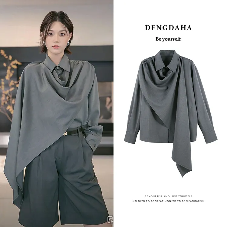 DENGDAHA 「女主编」极简风 不对称飘片锦纶宽松衬衫HBZXP710009