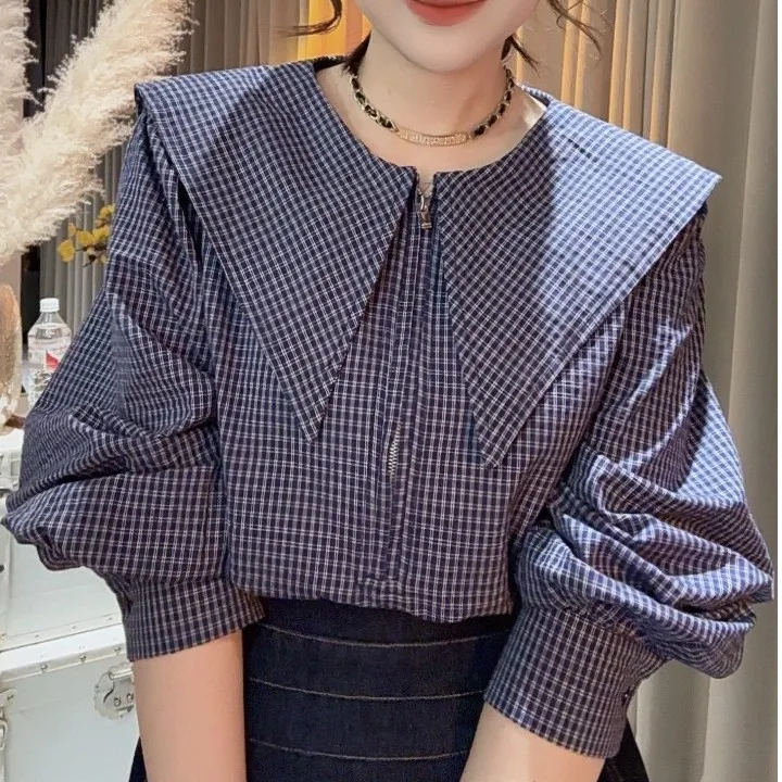 小众复古格纹长袖衬衫女春韩版设计感显瘦遮肉时尚洋气海军领上衣