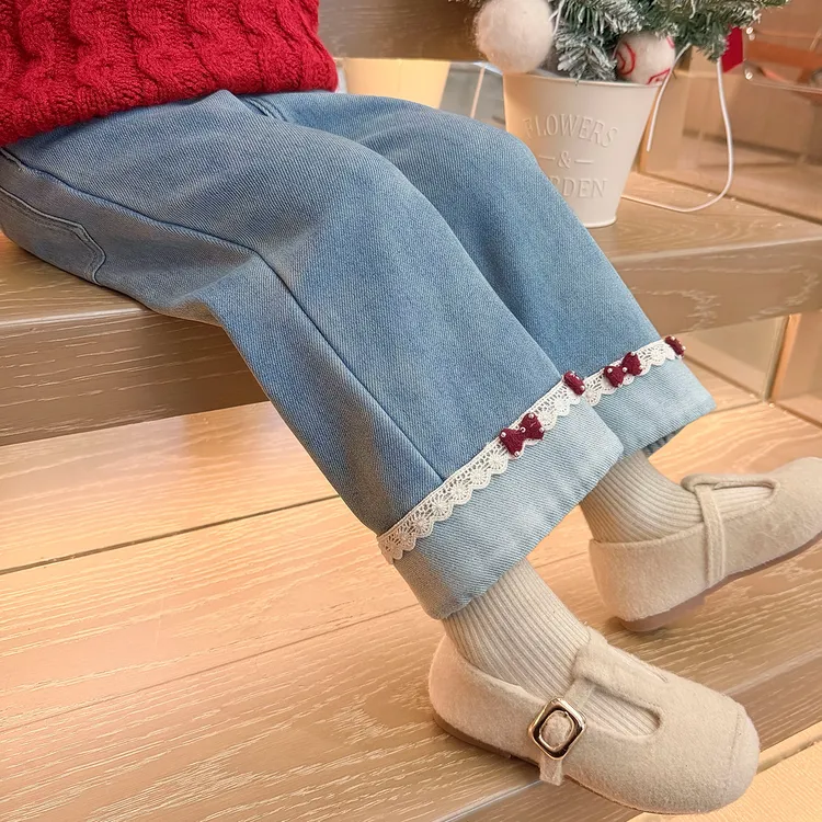 女童加绒牛仔裤秋冬季2025新款儿童休闲直筒裤宝宝加厚一体绒裤子