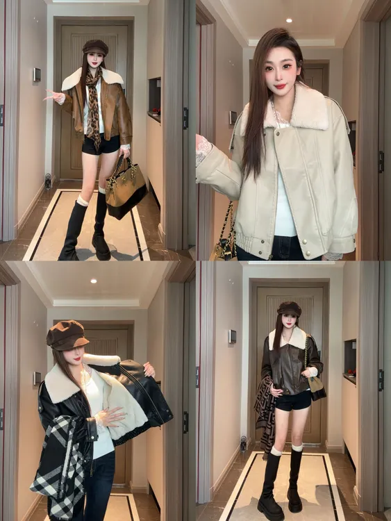 宽松型冬季常规厚款皮衣拼接百搭夹克网红加绒加厚555