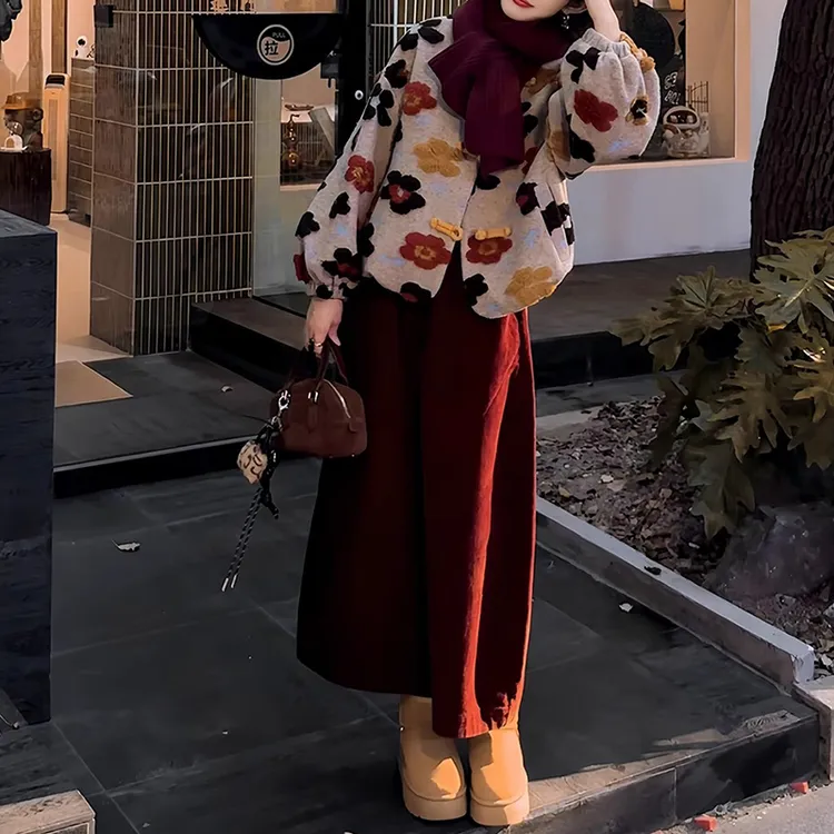 2025炸街潮牌女装洋气搭配一整套印花宽松外套配阔腿裤暖融套装