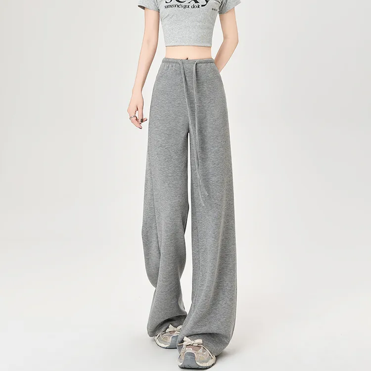 新款空气层阔腿裤女2025春夏高腰垂感显瘦抽绳直筒运动拖地裤卫裤