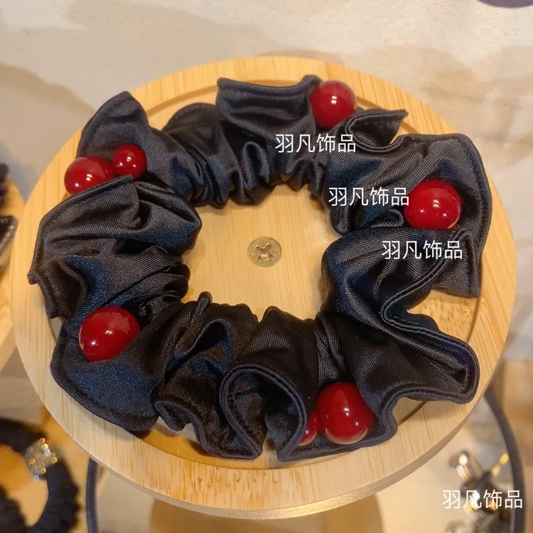 羽凡2565黑色头绳简约酒红钉珠原创设计高弹力日韩发圈轻职风发绳