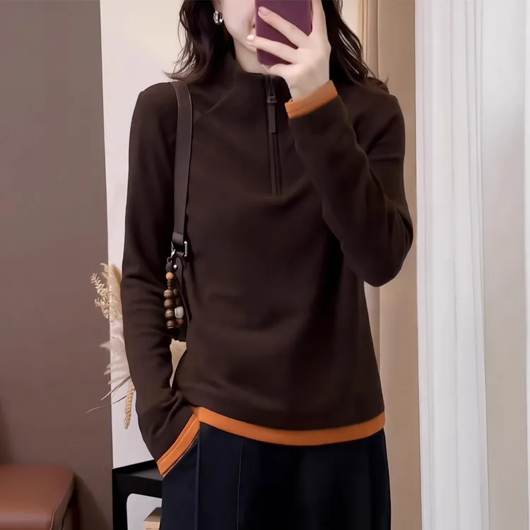 咖色半拉链立领卫衣女2025秋冬新款时尚高级感修身显瘦打底衫上衣