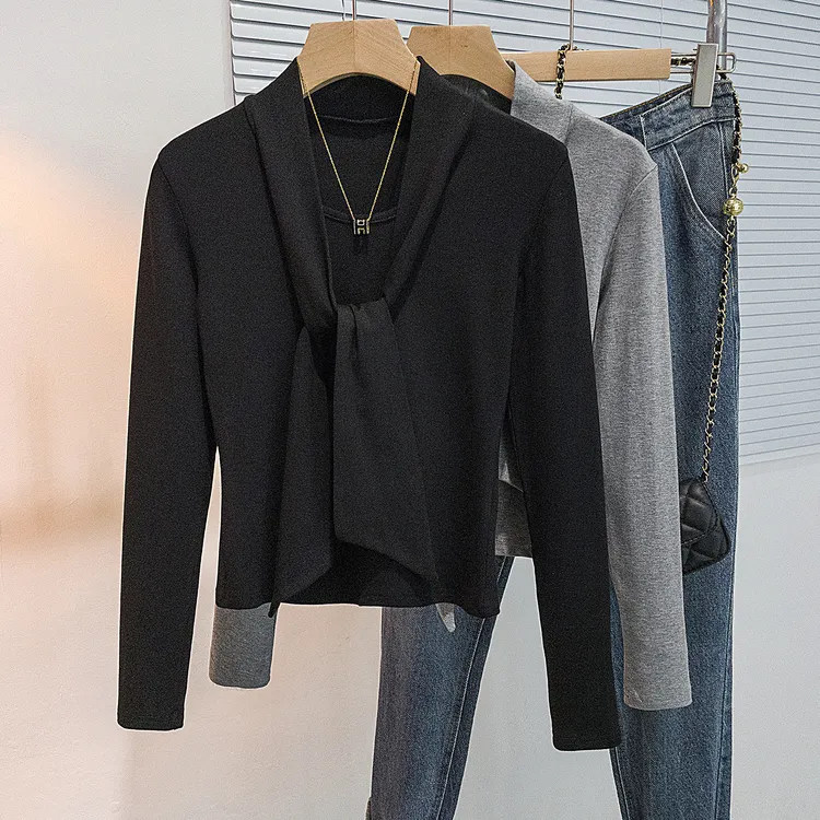 yoewshean/羽媗秋冬季纯欲风挂脖微胖mm大码女装长袖t恤内搭上衣