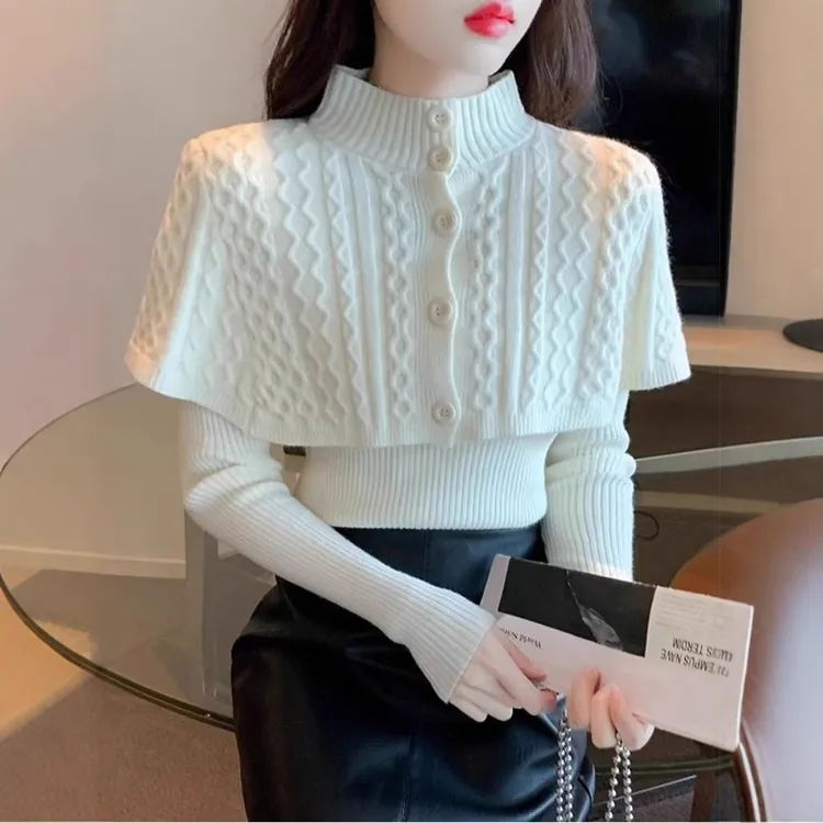 秋冬新款气质名媛高级两件套针织毛衣女小麻花半高领披肩斗篷毛衣