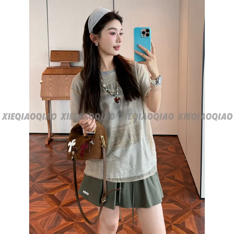 谢荞荞「霞光晕染」夏季100莱赛尔假两件霞光纱撞色晕染百搭T恤上衣