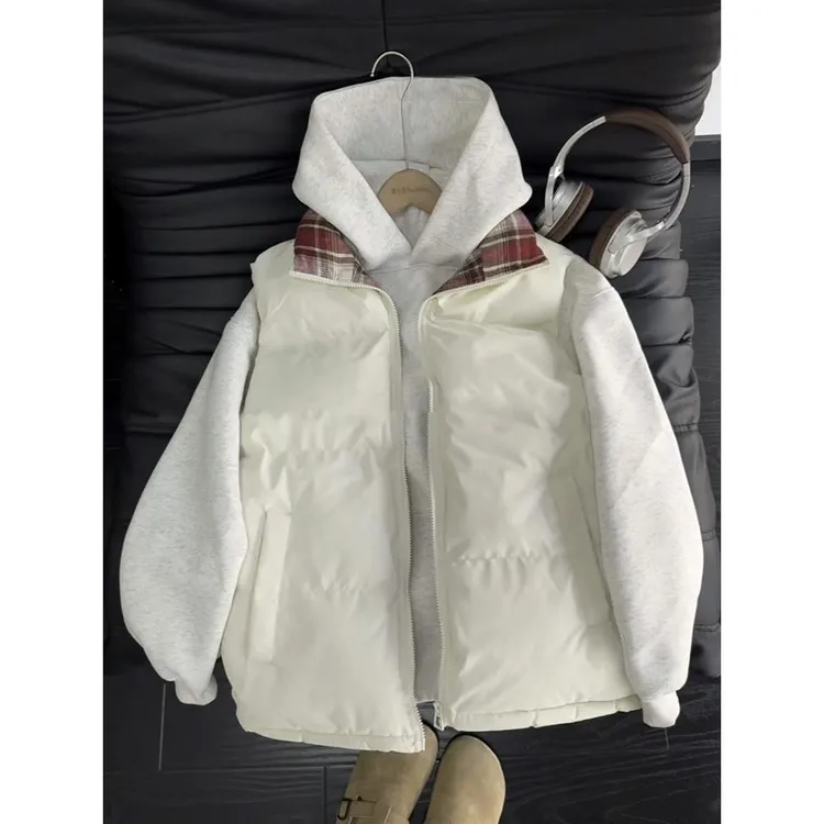 美式格子拼接棉衣马甲男女秋冬加厚短款棉服坎肩背心立领工装外套