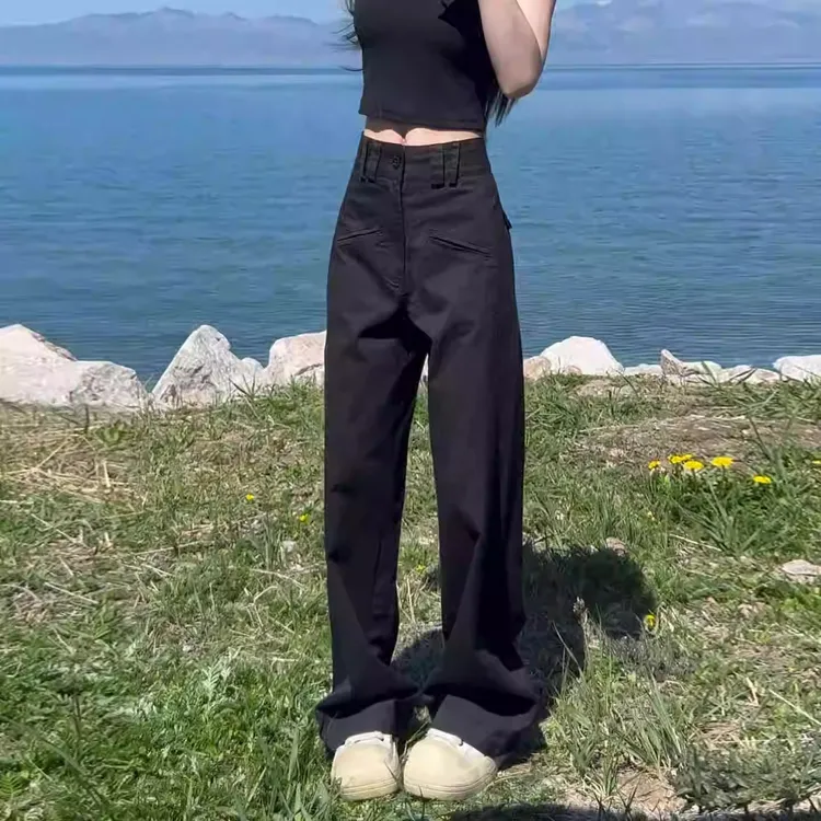 黑色美式酷飒阔腿工装裤女夏薄款2025新款高腰窄版直筒休闲西装裤