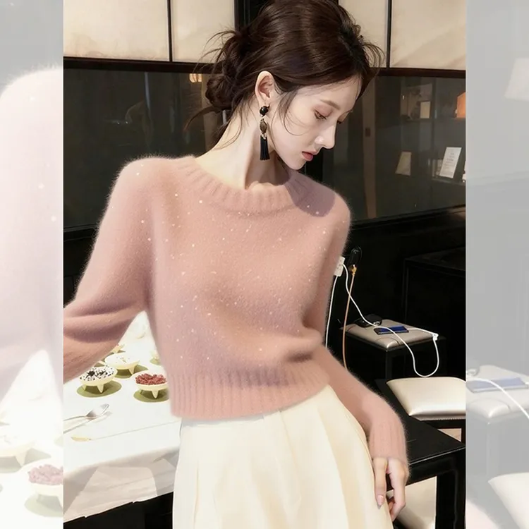 独特漂亮内搭粉色小衫打底毛衣女装秋冬新款洋气高贵针织衫上衣服