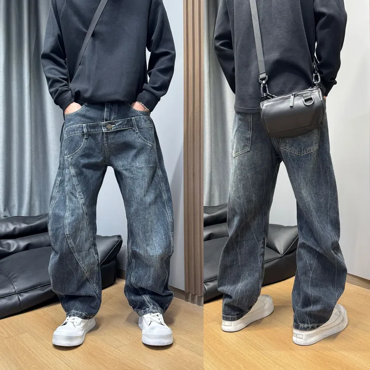 2025秋冬潮流复古宽松设计感直筒牛仔裤男士拼接做旧弯刀牛仔裤