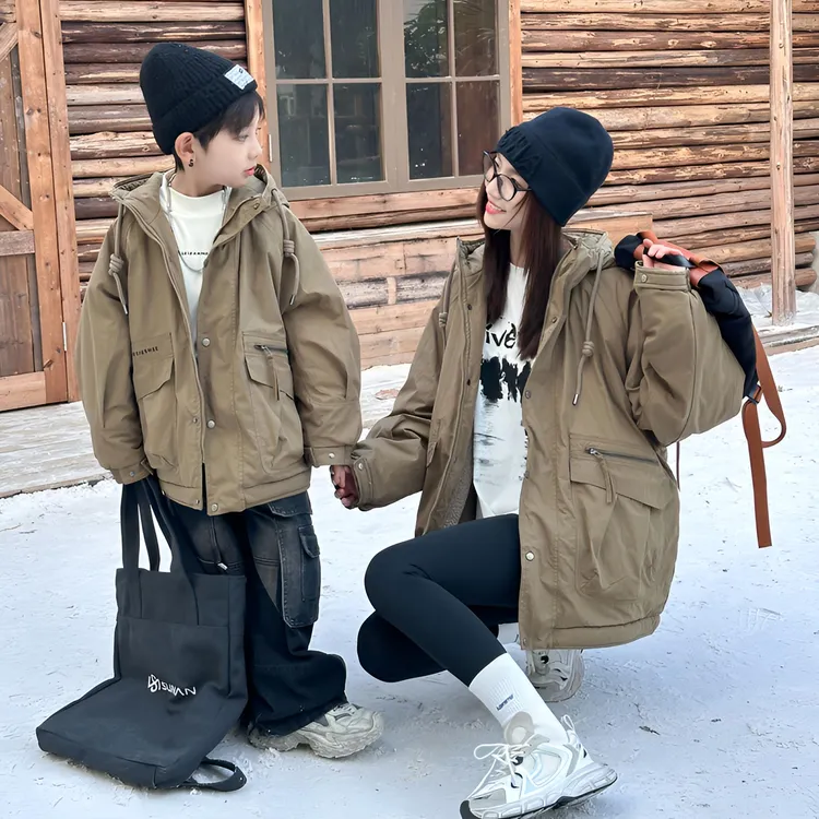 （三层夹棉加厚）韩版亲子款加绒加厚派克服男女冬款外套保暖连帽
