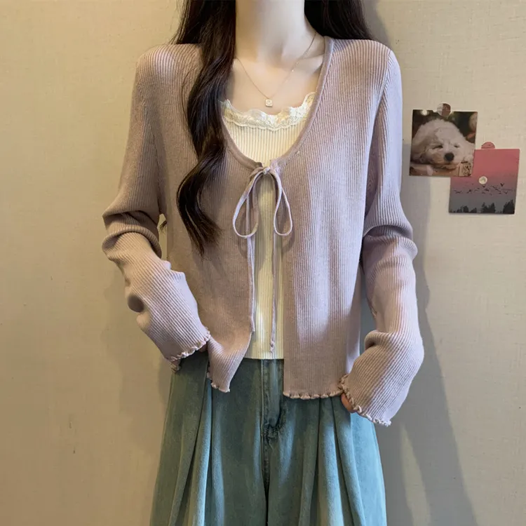 大码胖mm甜美慵懒蕾丝花边假两件针织衫女秋季新款设计感系带上衣