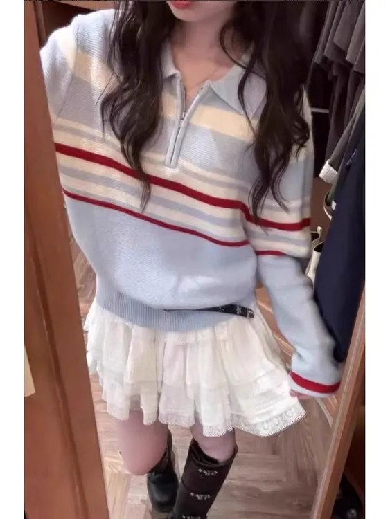 韩系慵懒风条纹POLO领软糯毛衣女早秋时尚百搭减龄套头针织上衣
