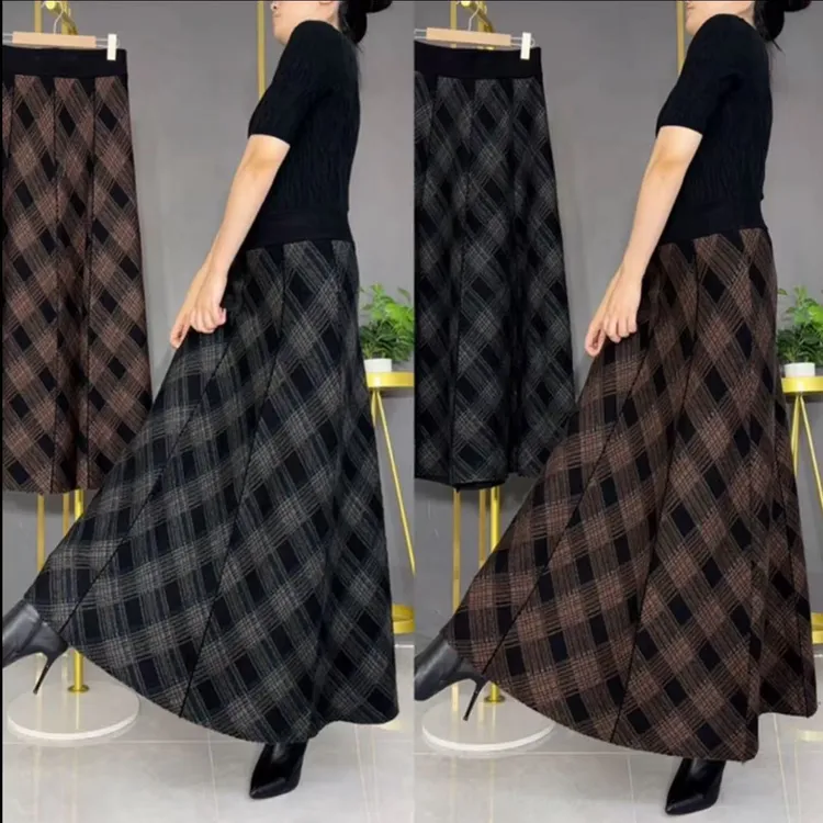 厚款格子高腰半身裙松紧腰显瘦百搭中长款大摆时尚半身裙