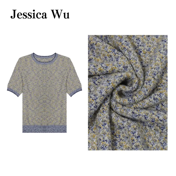 JESSICA WU法式复古通勤款米白底花呢纹理短袖针织衫2535904010