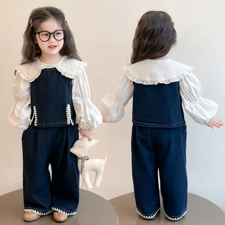 女童春装套装2025新款洋气韩版儿童牛仔马甲女宝宝时髦三件套春秋