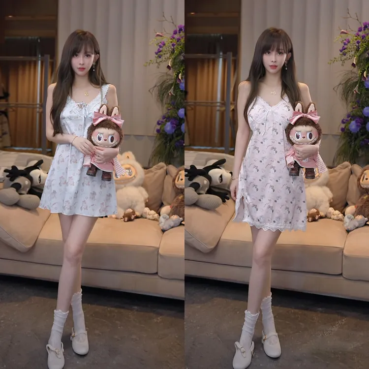 【mimius】P 纯欲风甜美可爱蕾丝花边吊带+短裤+睡裙（含胸垫）G06423