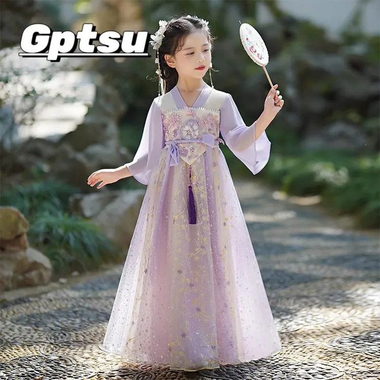 GPTSu2025新款国风小女孩古装儿童唐装齐胸襦裙紫色连衣裙春夏潮