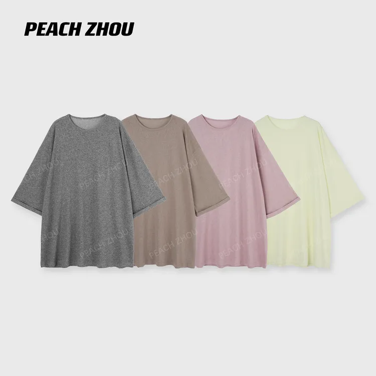 『PEACHZHOU』麻感棉针织落肩宽松圆领阔版短袖极简休闲松驰通勤T恤