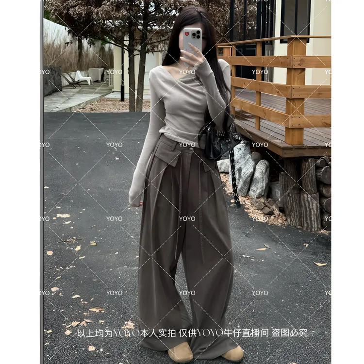 YOYO自制2【秋尔线谱】秋款显瘦休闲设计感气质阔腿拖地裤
