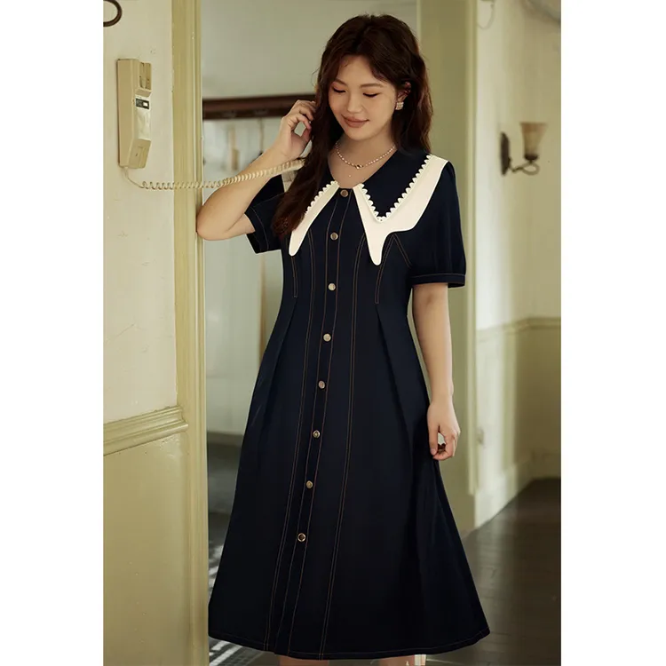 五季家微胖定制设计感气质小香风娃娃领减龄连衣裙思思ZL53690