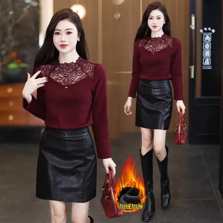 时尚半高领蕾丝拼接加绒打底衫女2025秋冬新款修身显瘦内搭上衣潮