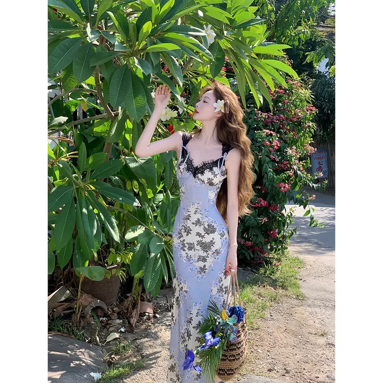 奥黛丽油画感重工拼接蕾丝印花网纱连衣裙女春夏
