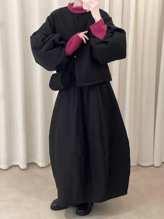 2025冬季韩系黑色保暖棉服外套叠穿针织内搭高腰花苞半身裙三件套