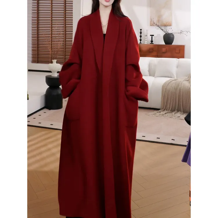 时尚高级感纯色双面毛呢外套女2025冬季新款气质宽松长款保暖大衣