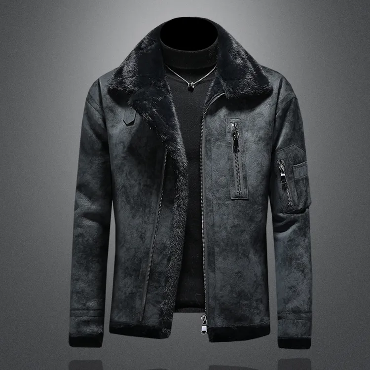 卡因耶查加绒加厚夹克冬季男士皮毛一体麂皮绒羊羔毛机车休闲外套