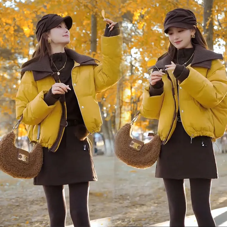 复古美拉德时尚气质两件套百搭短款撞色翻领长袖棉服冬季高腰短裙