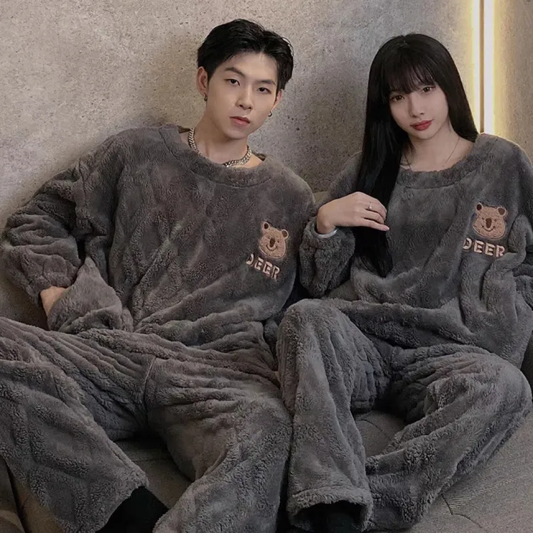 珊瑚绒睡衣男士冬季加厚款长毛绒女生冬天可爱卡通情侣家居服套装