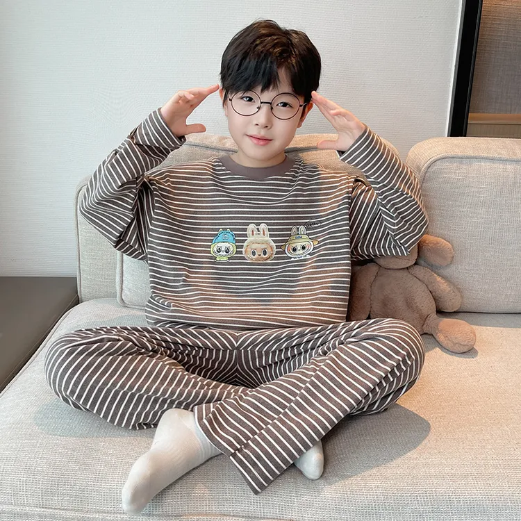 男童拉布布条纹德绒睡衣秋冬款2025儿童保暖亲肤家居服套装中大童