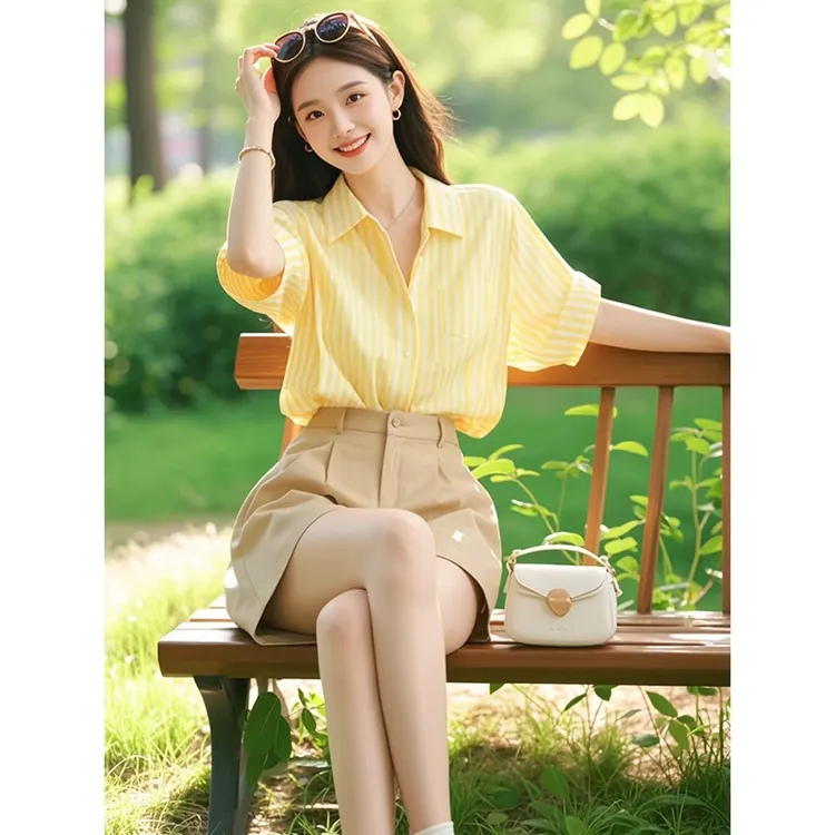 2025夏季新款欧货时尚时髦洋气显瘦遮肉黄色衬衫短裤两件套装女装