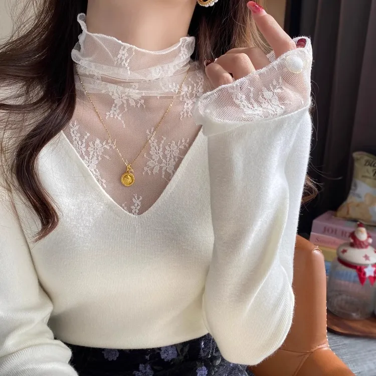 白色V领假两件蕾丝打底衫女内搭2025秋冬新款设计感毛衣针织上衣