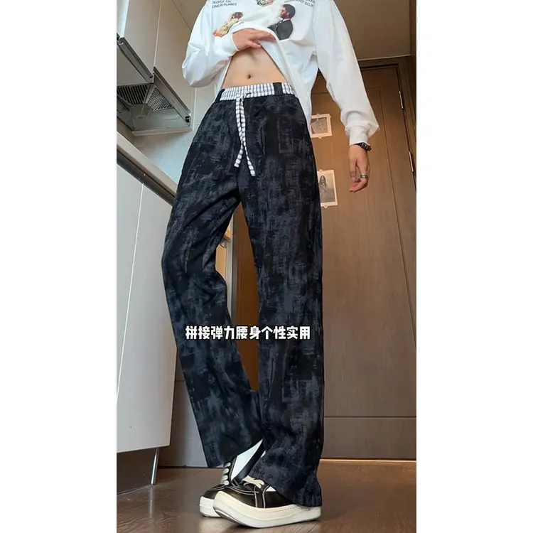 美式扎染秋季新款拼接休闲长裤男士潮牌百搭复古直筒阔腿运动裤子