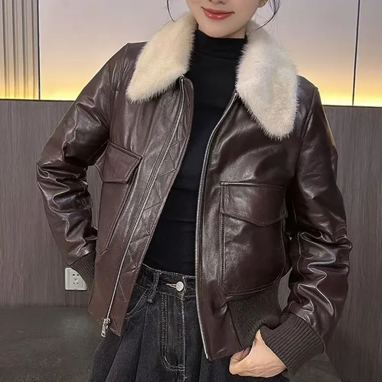 海宁2025冬季新款真皮皮衣女短款松紧腰水貂毛领鹅绒真皮显瘦皮衣
