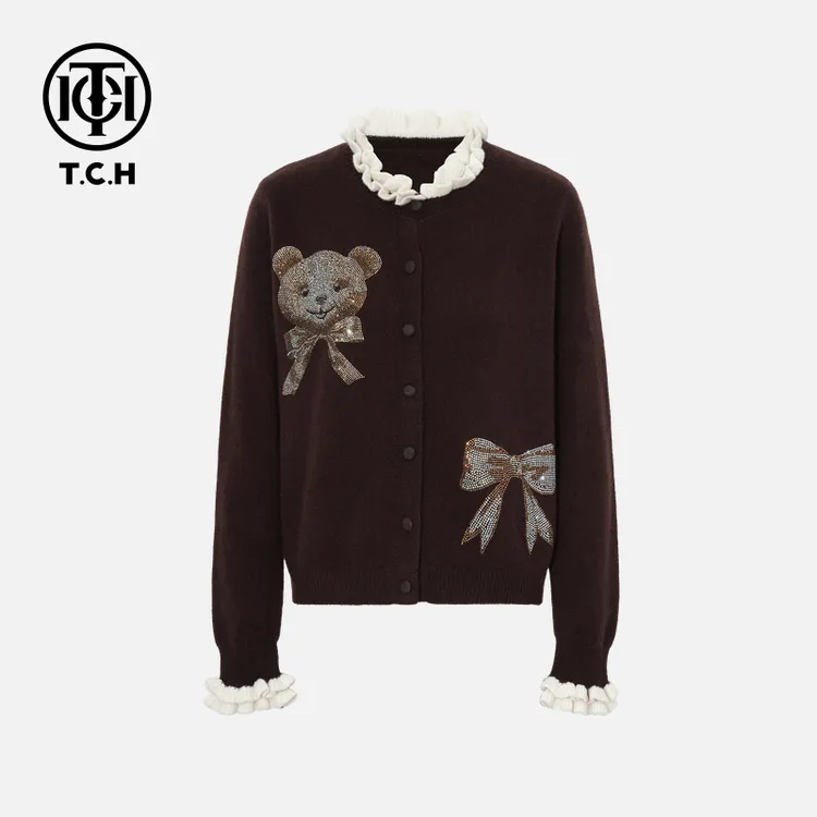 TCH私服秋冬时尚休闲风烫钻淑女咖色针织开衫T75C43E5038轻奢tch