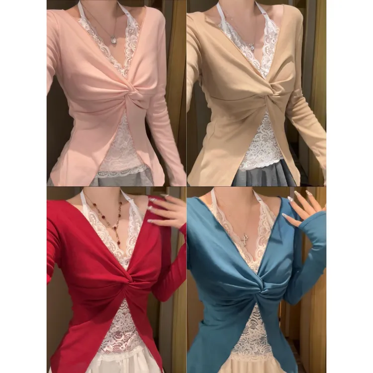 彩色系绝美法式蕾丝加绒保暖上衣 自带胸垫 设计感假两件上衣