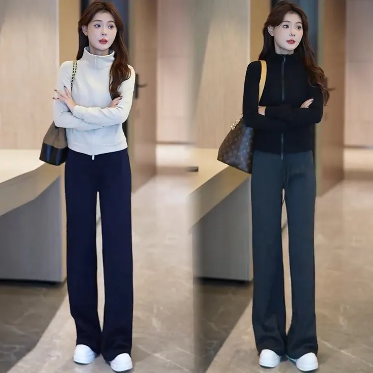加绒加厚休闲时尚套装女2025秋冬新款洋气显瘦短外套直筒裤两件套