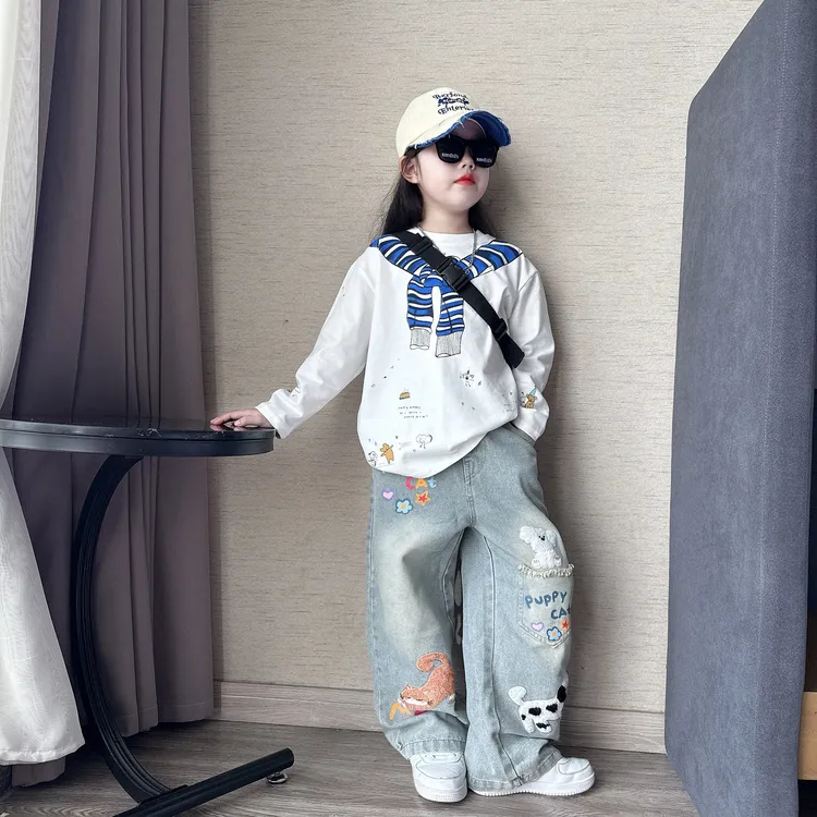 女童春秋季新款韩版时尚长袖卫衣T恤衫中大童毛巾女孩秋装套装