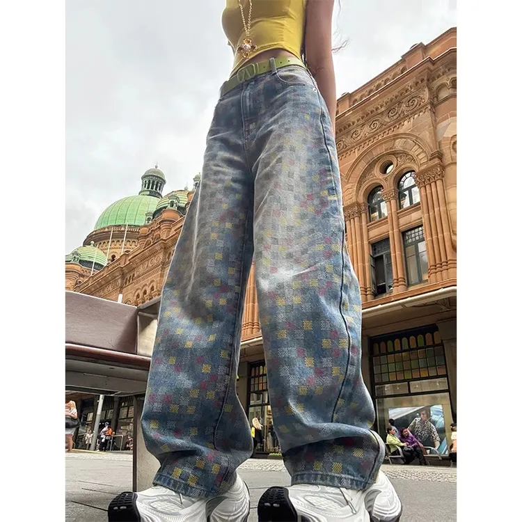 拉夏贝尔高街潮酷彩色棋盘格牛仔裤女2025夏季新款宽松显高阔腿裤