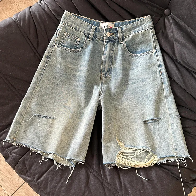 复古牛仔五分裤女2025夏季新款裤脚割破流苏设计高腰宽松阔腿中裤